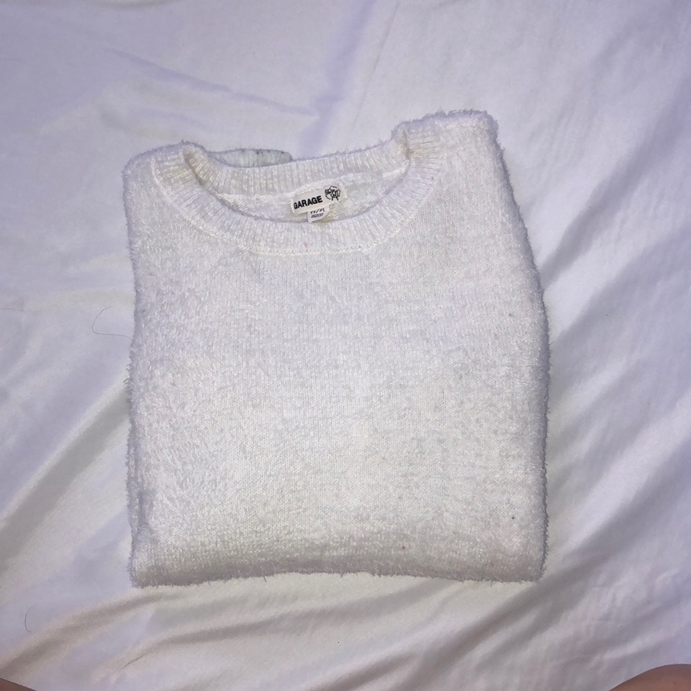 White fuzzy Garage sweater